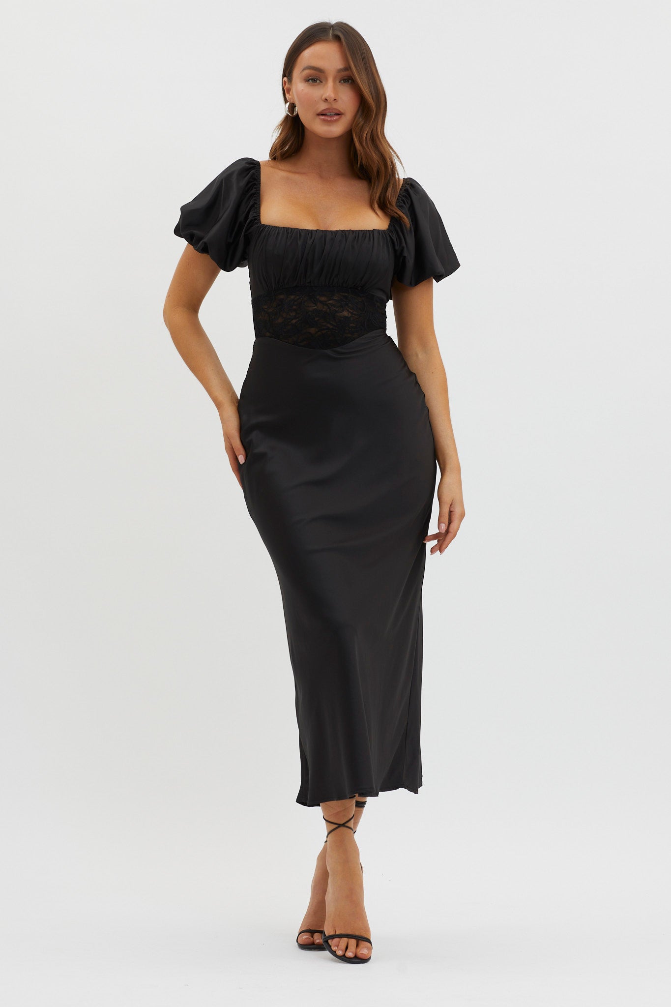 Allianna Puff Sleeve Lace Waist Midi Dress Black by Selfie Leslie