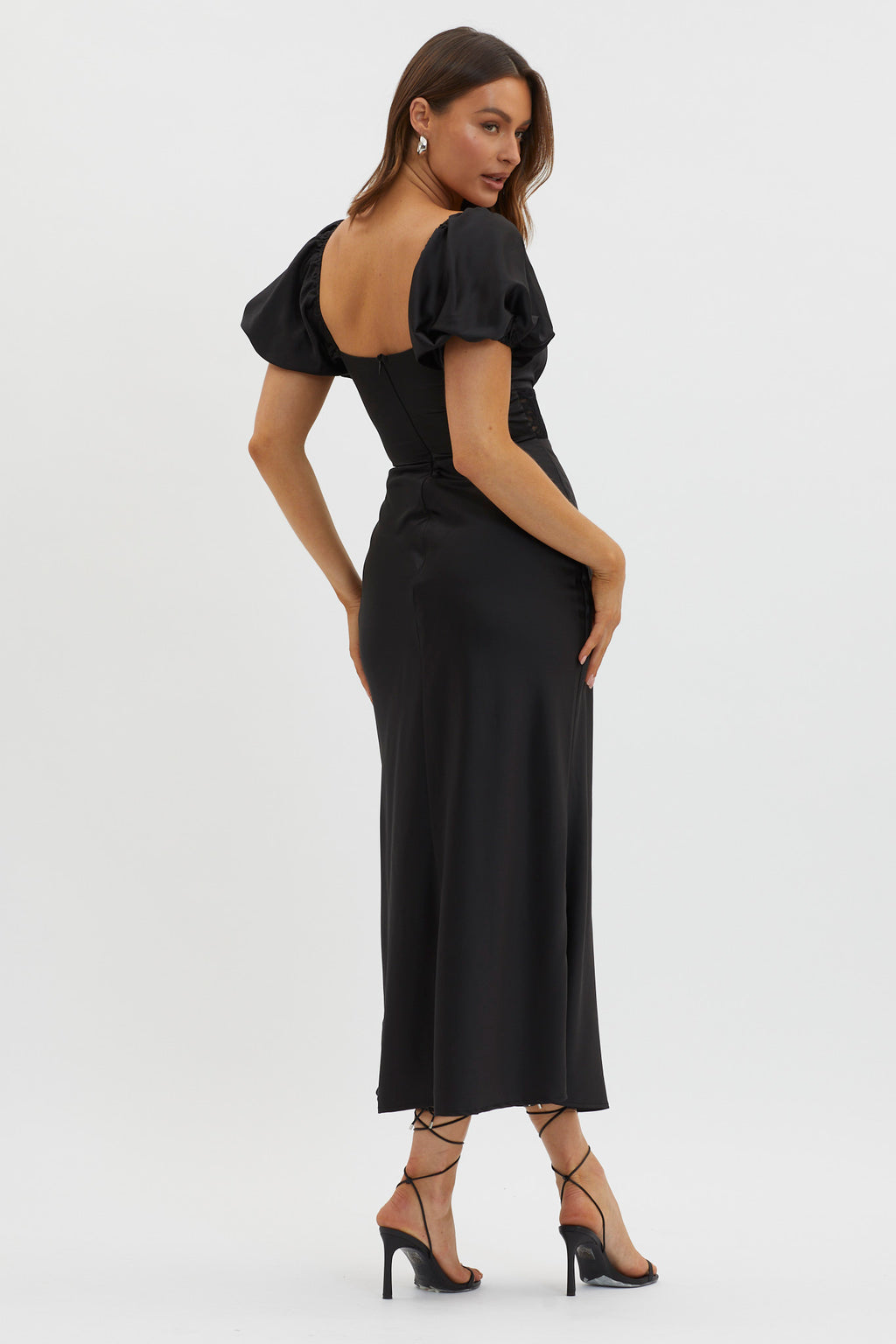 Allianna Puff Sleeve Lace Waist Midi Dress Black by Selfie Leslie