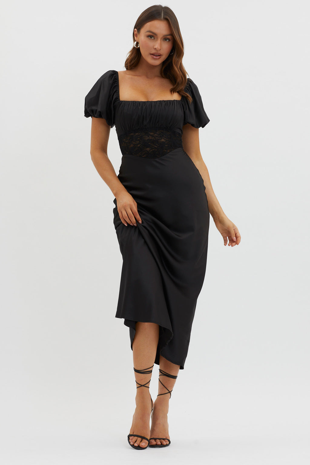 Allianna Puff Sleeve Lace Waist Midi Dress Black by Selfie Leslie