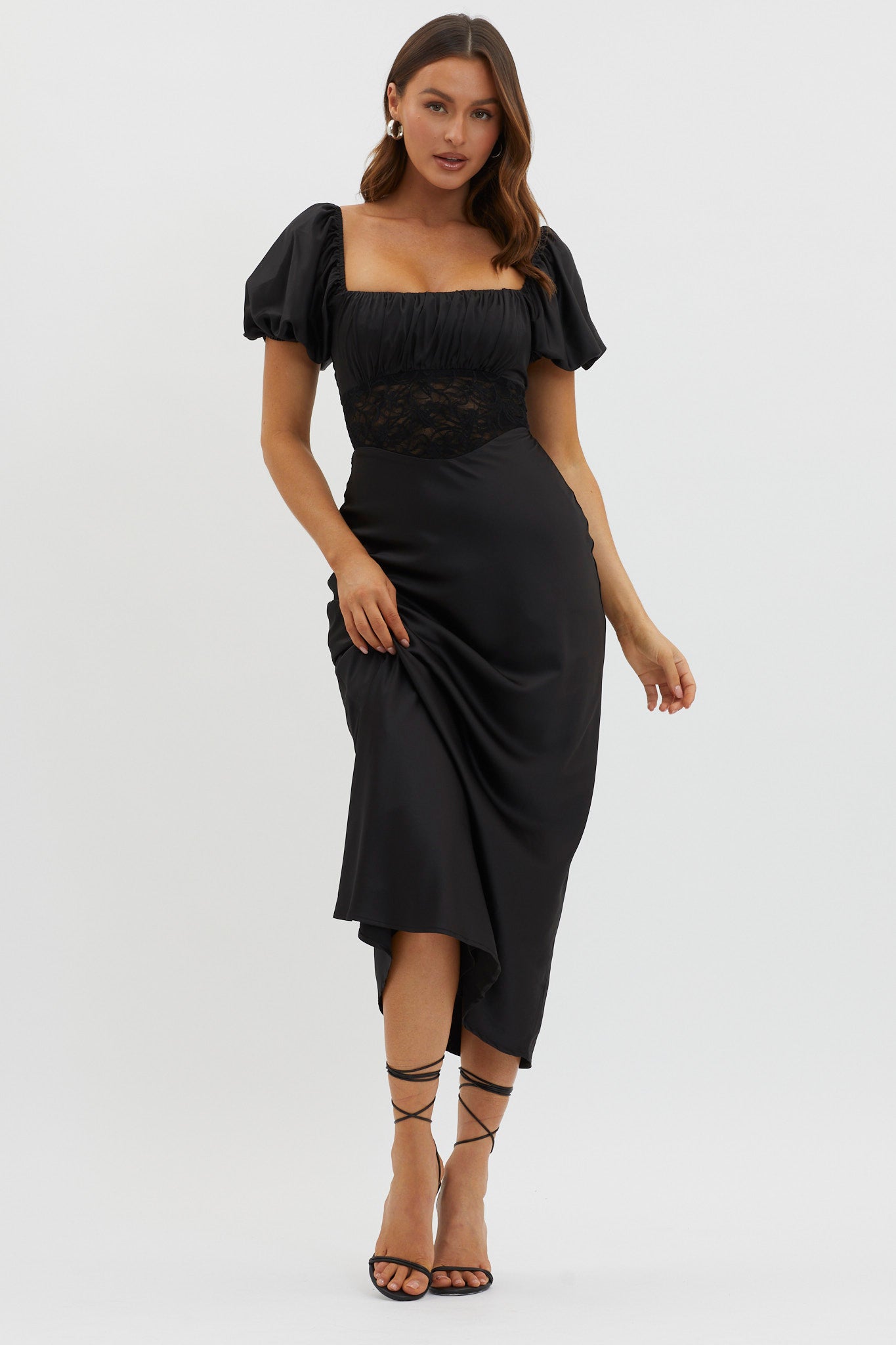 Allianna Puff Sleeve Lace Waist Midi Dress Black by Selfie Leslie