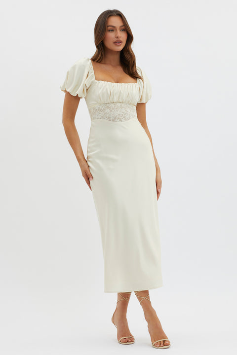 Allianna Puff Sleeve Lace Waist Midi Dress Butter– Selfie Leslie