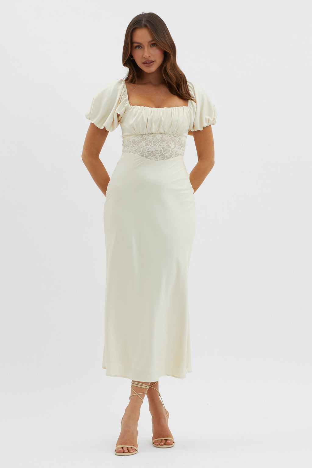 Allianna Puff Sleeve Lace Waist Midi Dress Butter by Selfie Leslie