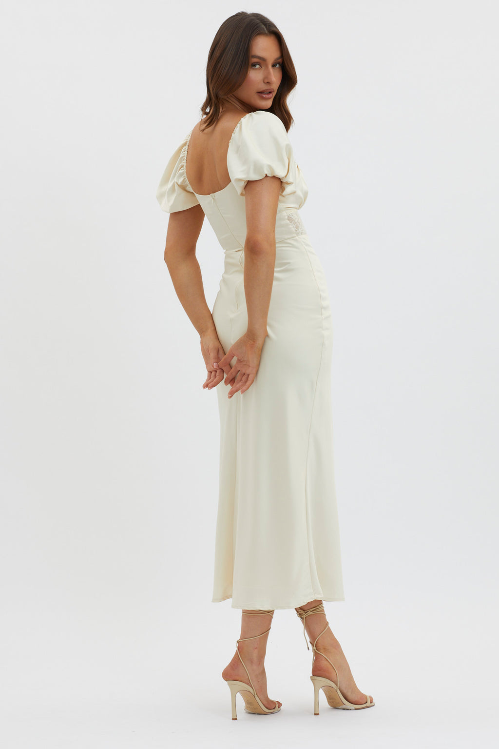 Allianna Puff Sleeve Lace Waist Midi Dress Butter by Selfie Leslie