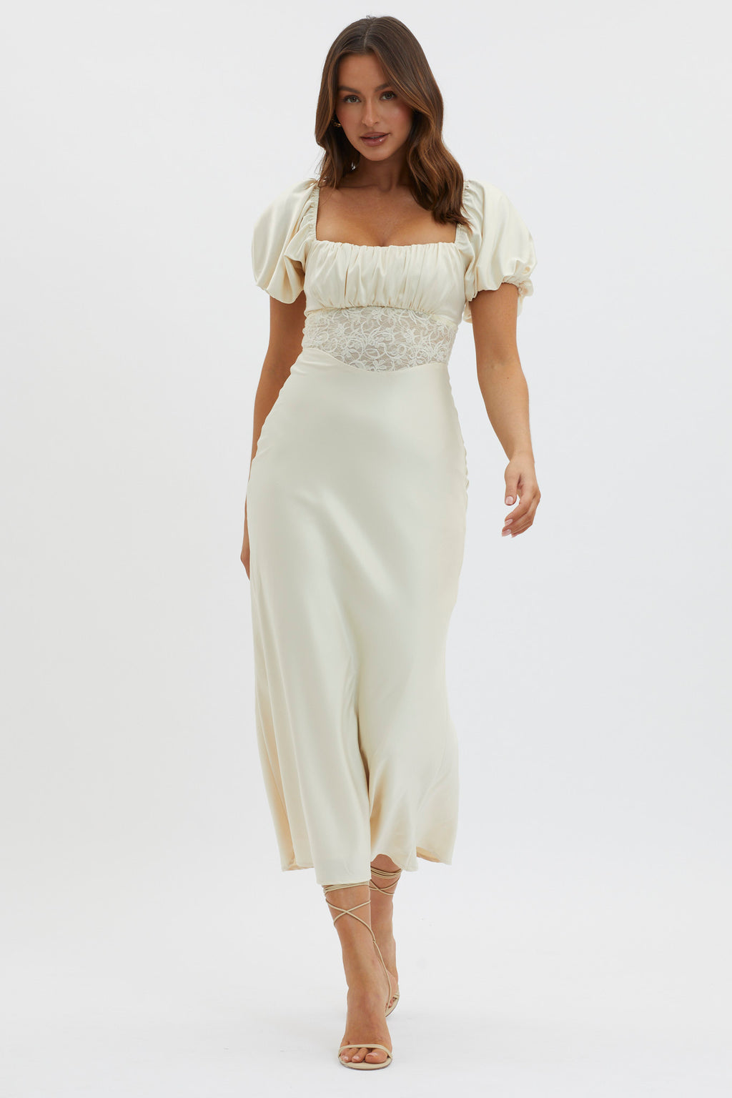 Allianna Puff Sleeve Lace Waist Midi Dress Butter by Selfie Leslie