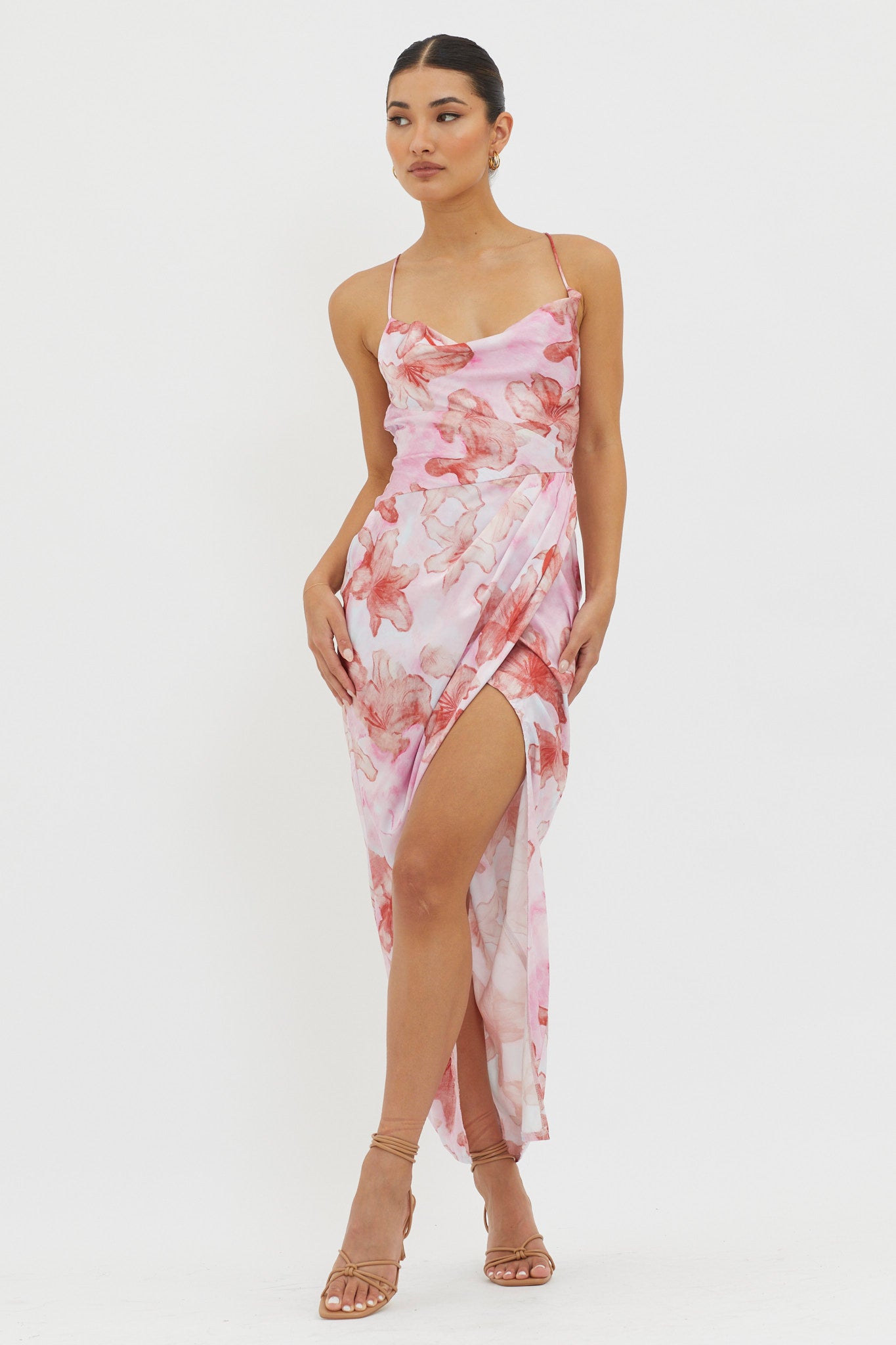 Erryn Tied Back Split Midi Dress Pink by Selfie Leslie