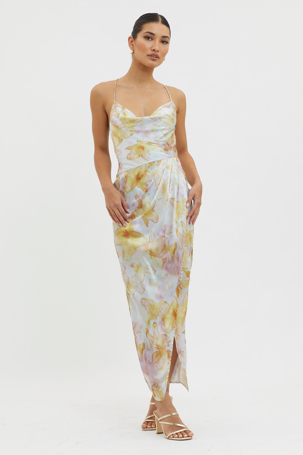 Erryn Tied Back Split Midi Dress Yellow by Selfie Leslie