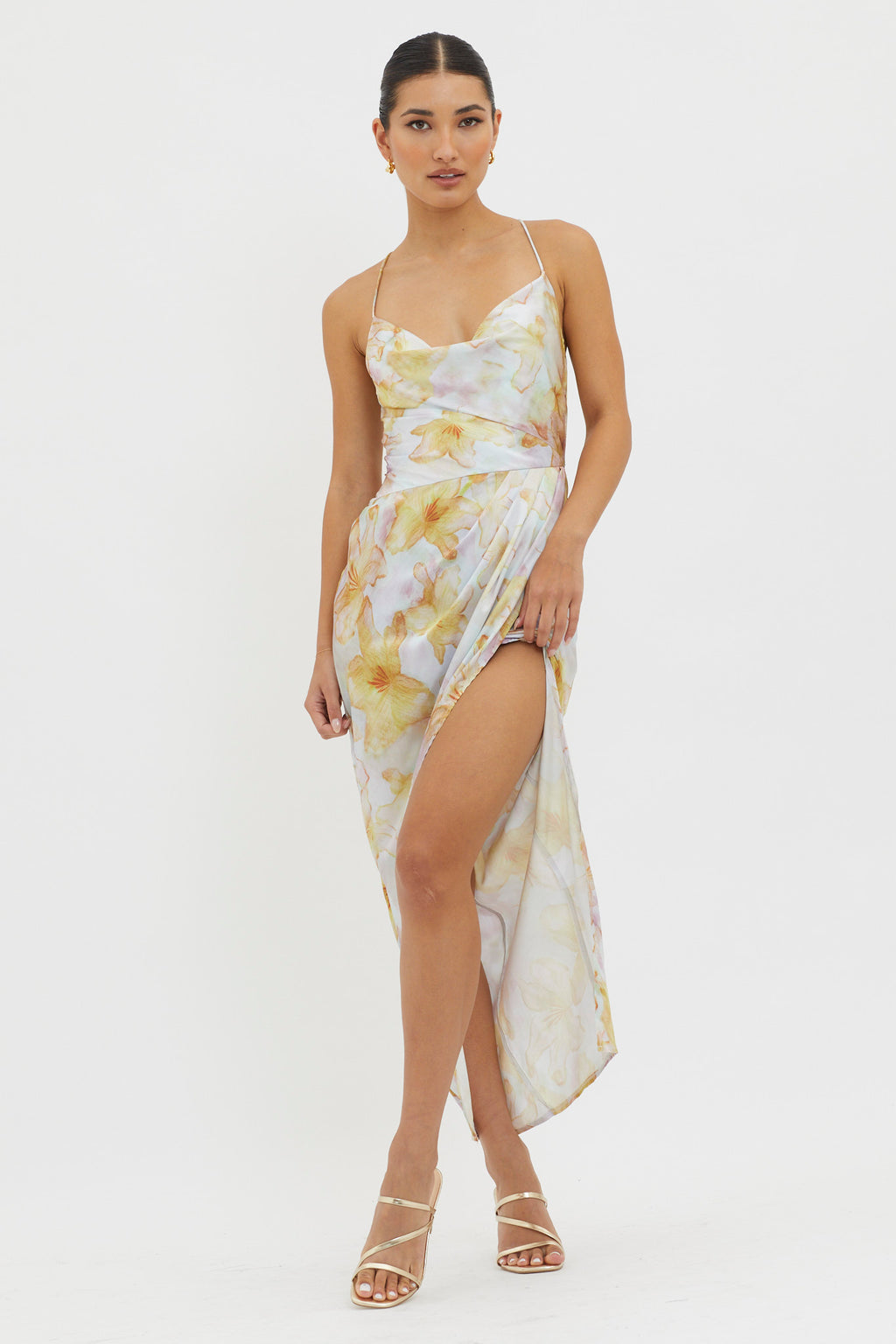 Erryn Tied Back Split Midi Dress Yellow by Selfie Leslie