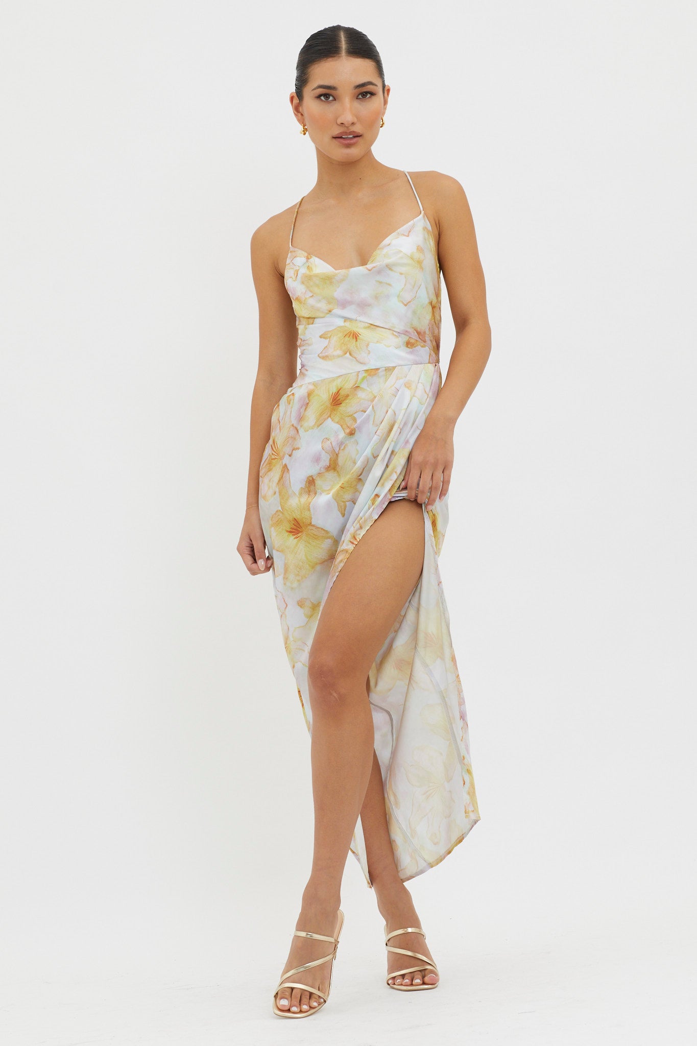 Erryn Tied Back Split Midi Dress Yellow by Selfie Leslie