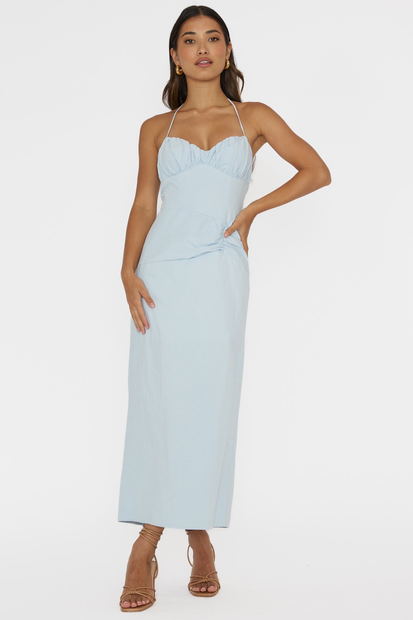 blue halterneck midi dress Arielle Gathered Bust Halterneck Midi Dress Pale Blue