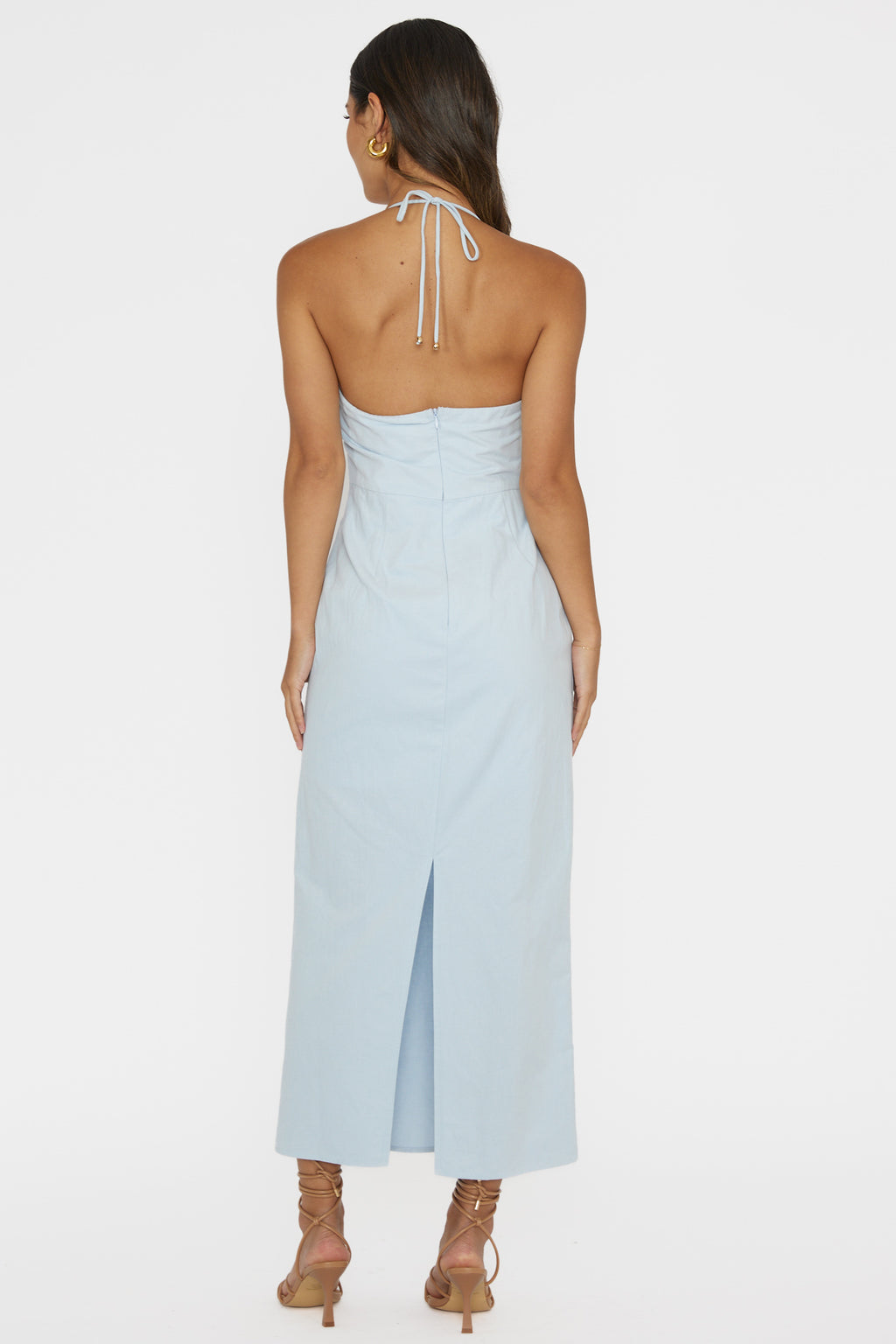 Arielle Gathered Bust Halterneck Midi Dress Pale Blue by Selfie Leslie