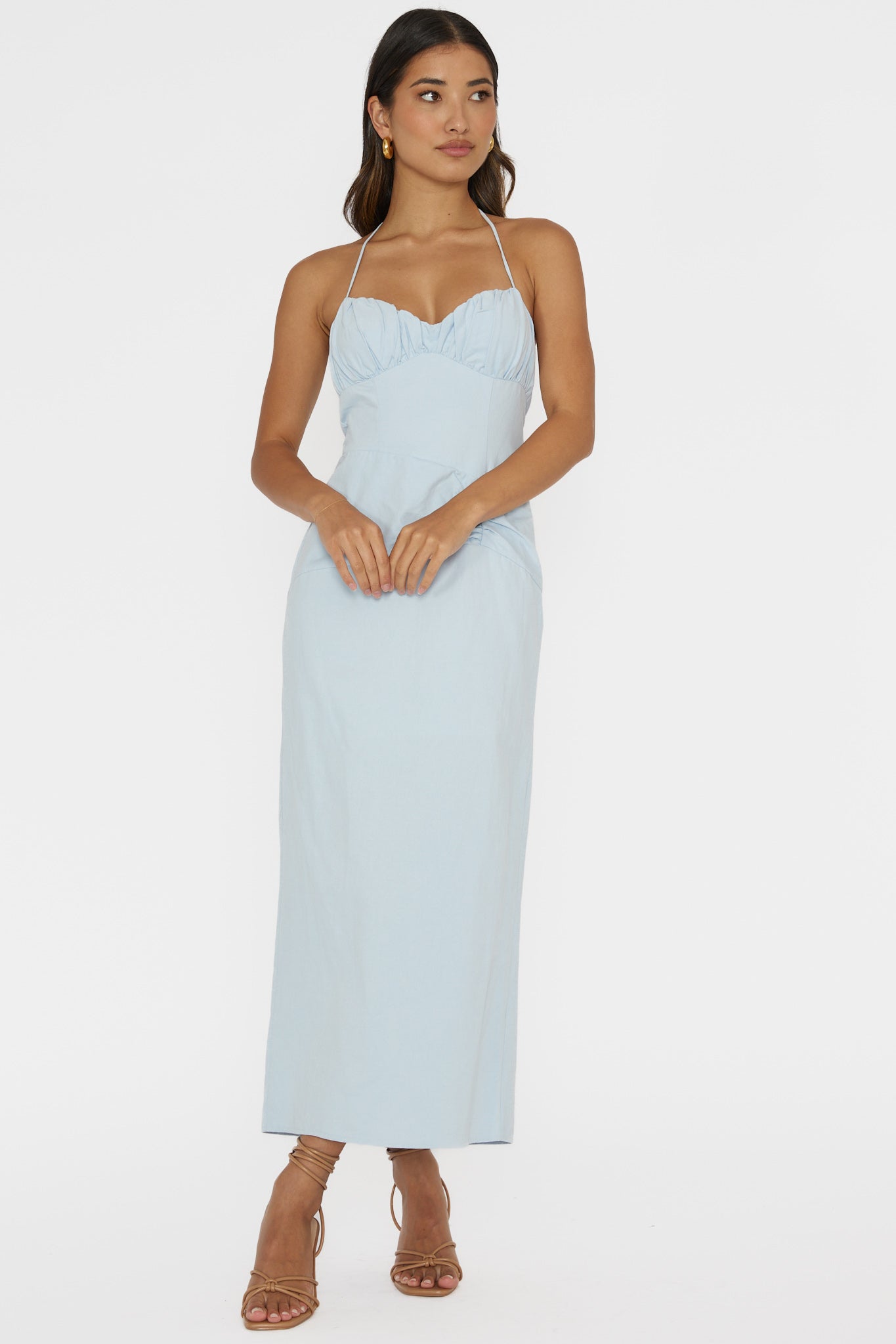 Arielle Gathered Bust Halterneck Midi Dress Pale Blue by Selfie Leslie