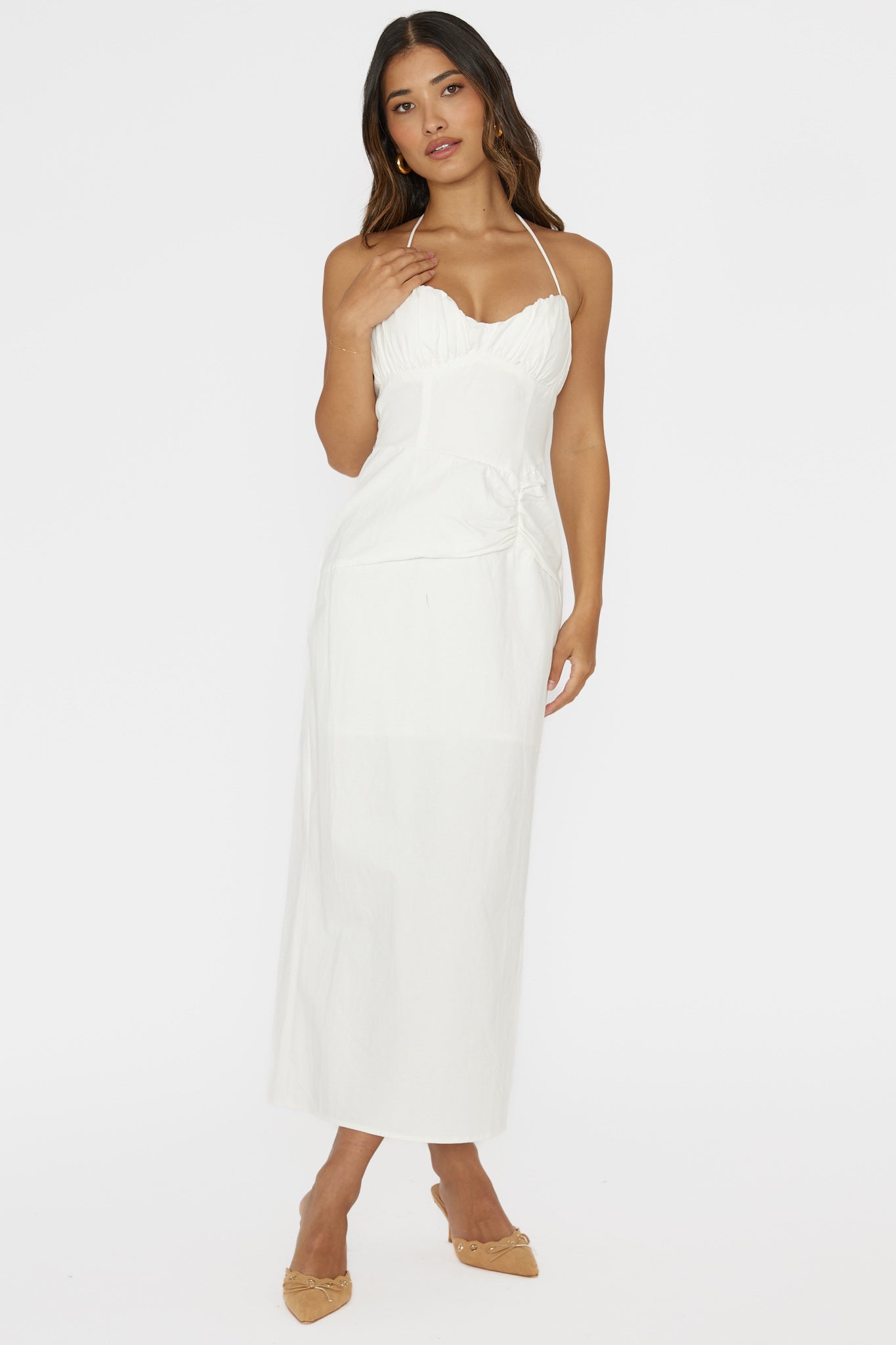 Arielle Gathered Bust Halterneck Midi Dress White by Selfie Leslie