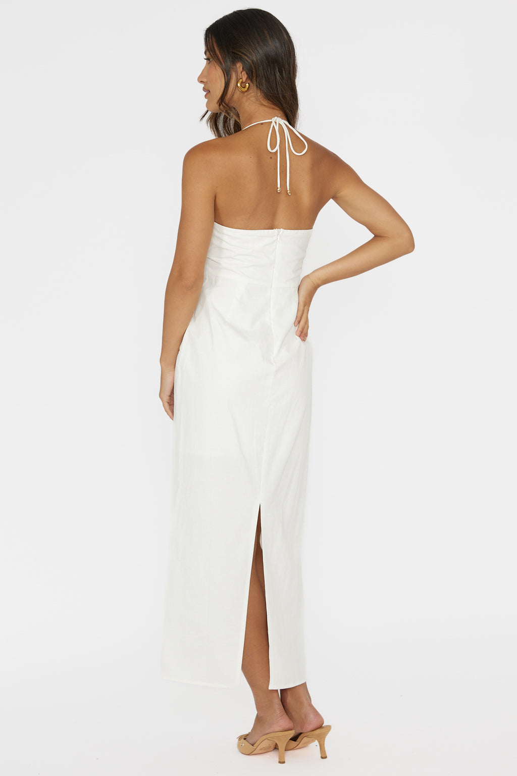 Arielle Gathered Bust Halterneck Midi Dress White by Selfie Leslie