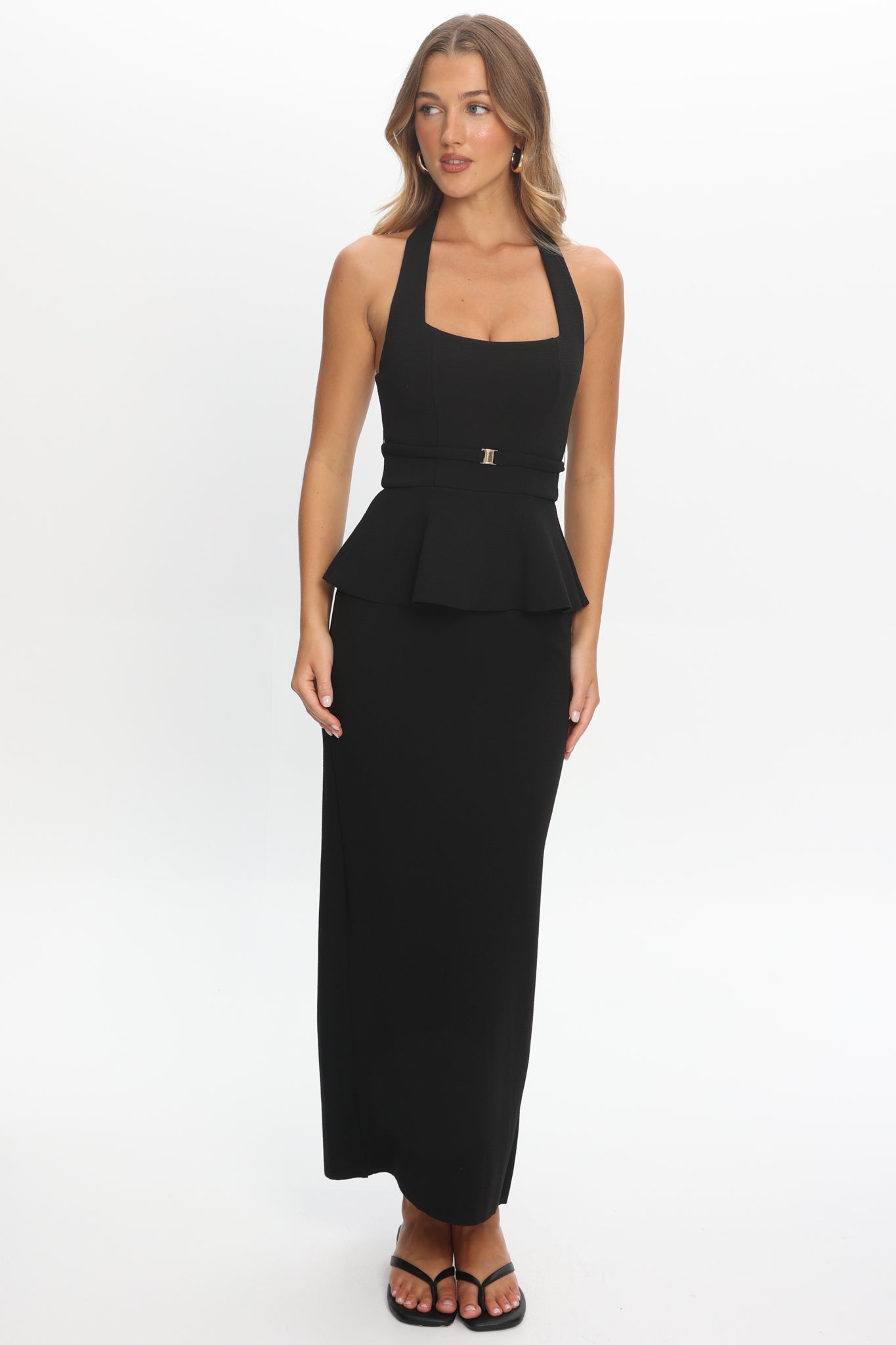 Fire Of Stars Peplum Halterneck Maxi Dress Black