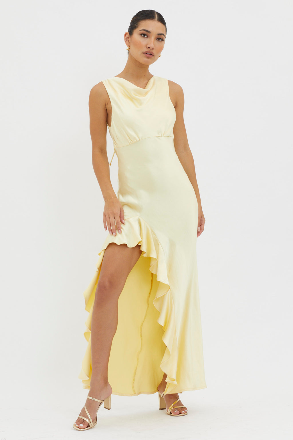 Maridon Cowl Neck Ruffle Dress Butter by Selfie Leslie