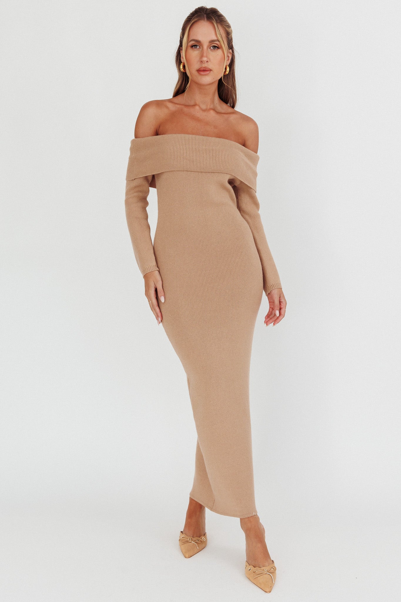 Shop the Winter Wonder Off-Shoulder Knit Maxi Dress Mocha