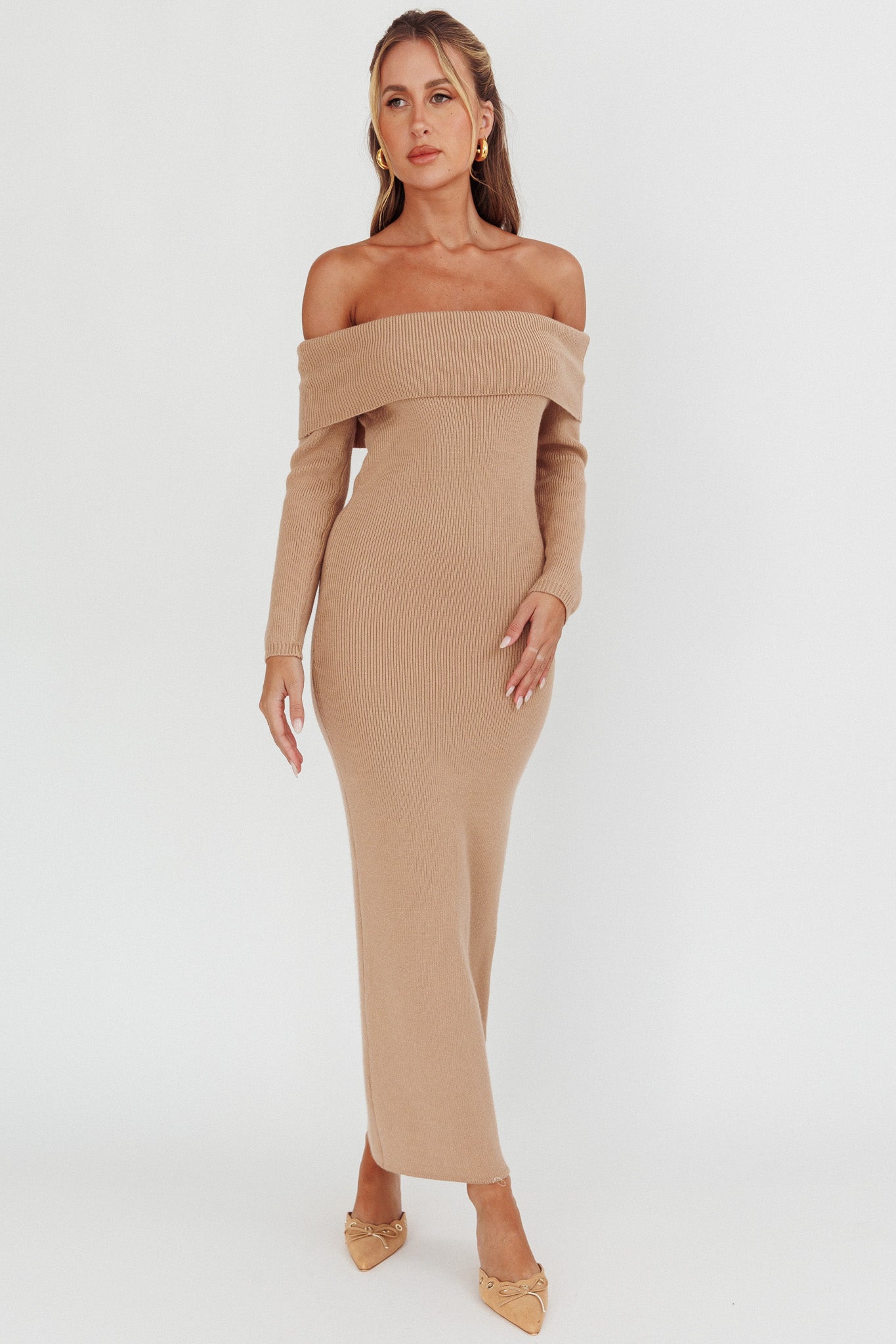 Shop the Winter Wonder Off-Shoulder Knit Maxi Dress Mocha