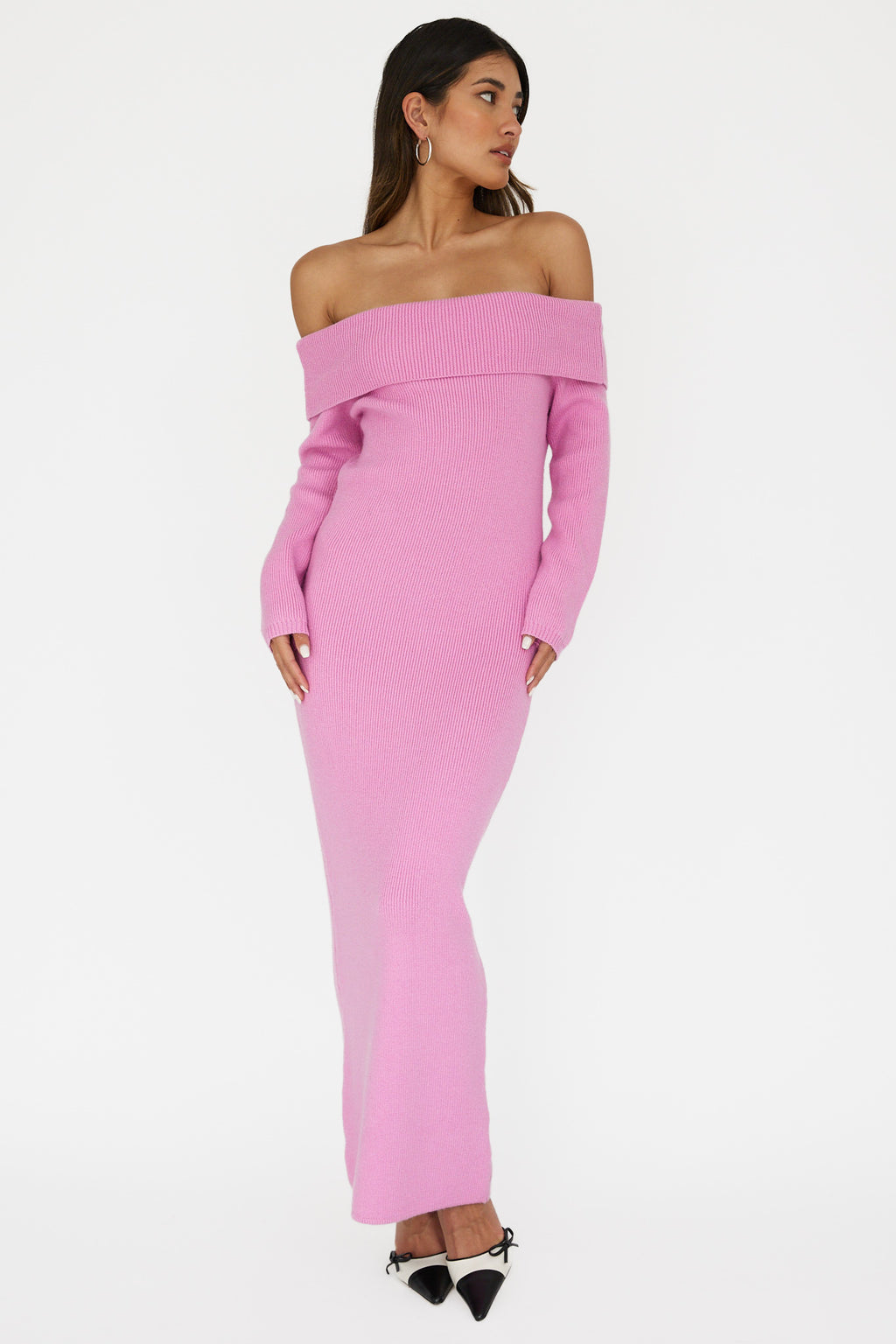 pink off the shoulder dress long sleeve Rozalee Mini Creates a clean Winter Wonder Off-Shoulder Knit Maxi
