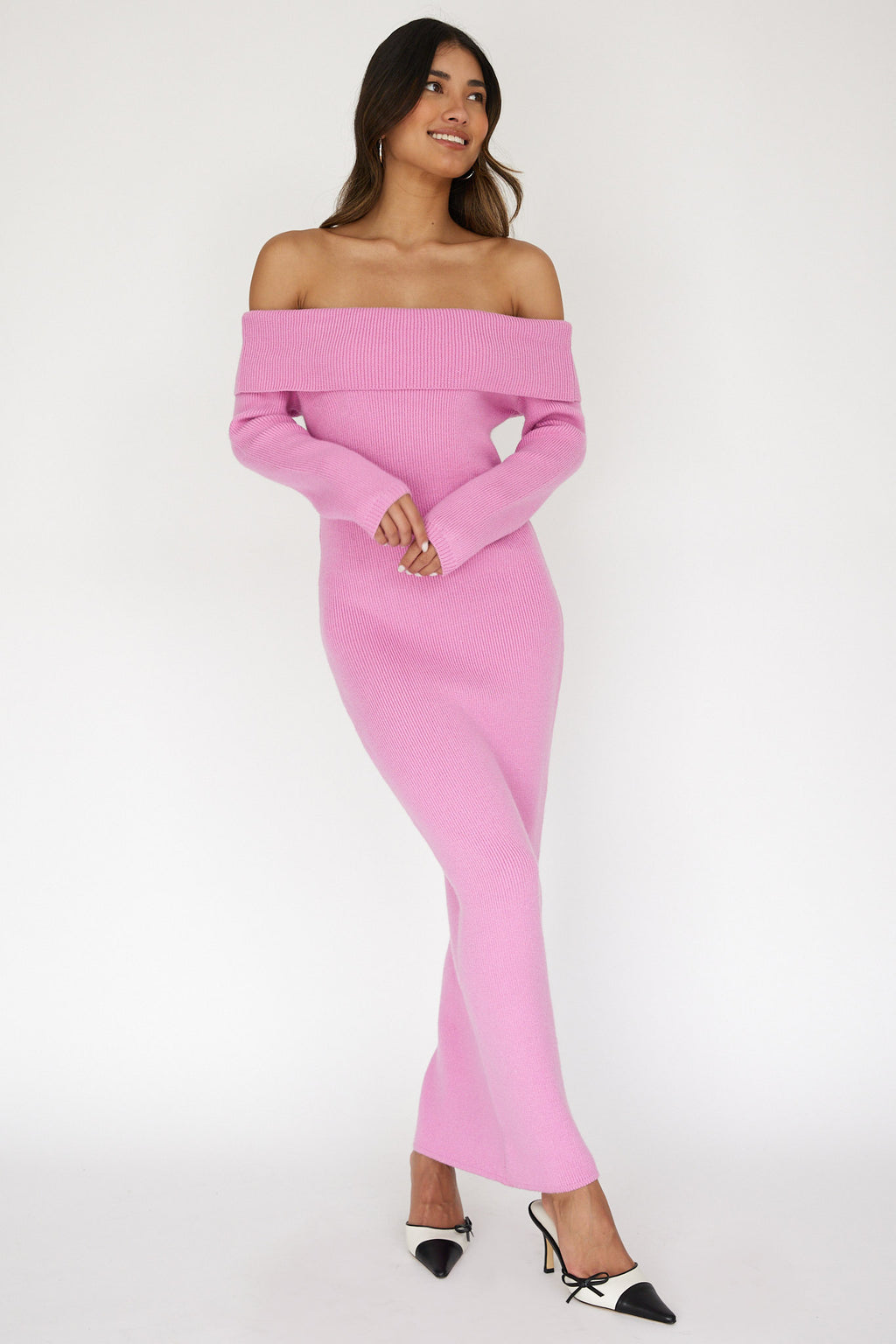 Winter Wonder Off-Shoulder Knit Maxi Dress Pink Selfie Leslie Winter Wonder Off-Shoulder Knit Maxi Dress Pink Selfie Leslie
