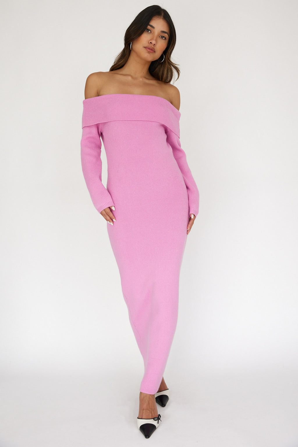 Winter Wonder Off-Shoulder Knit Maxi Dress Pink Winter Wonder Off-Shoulder Knit Maxi Dress Pink