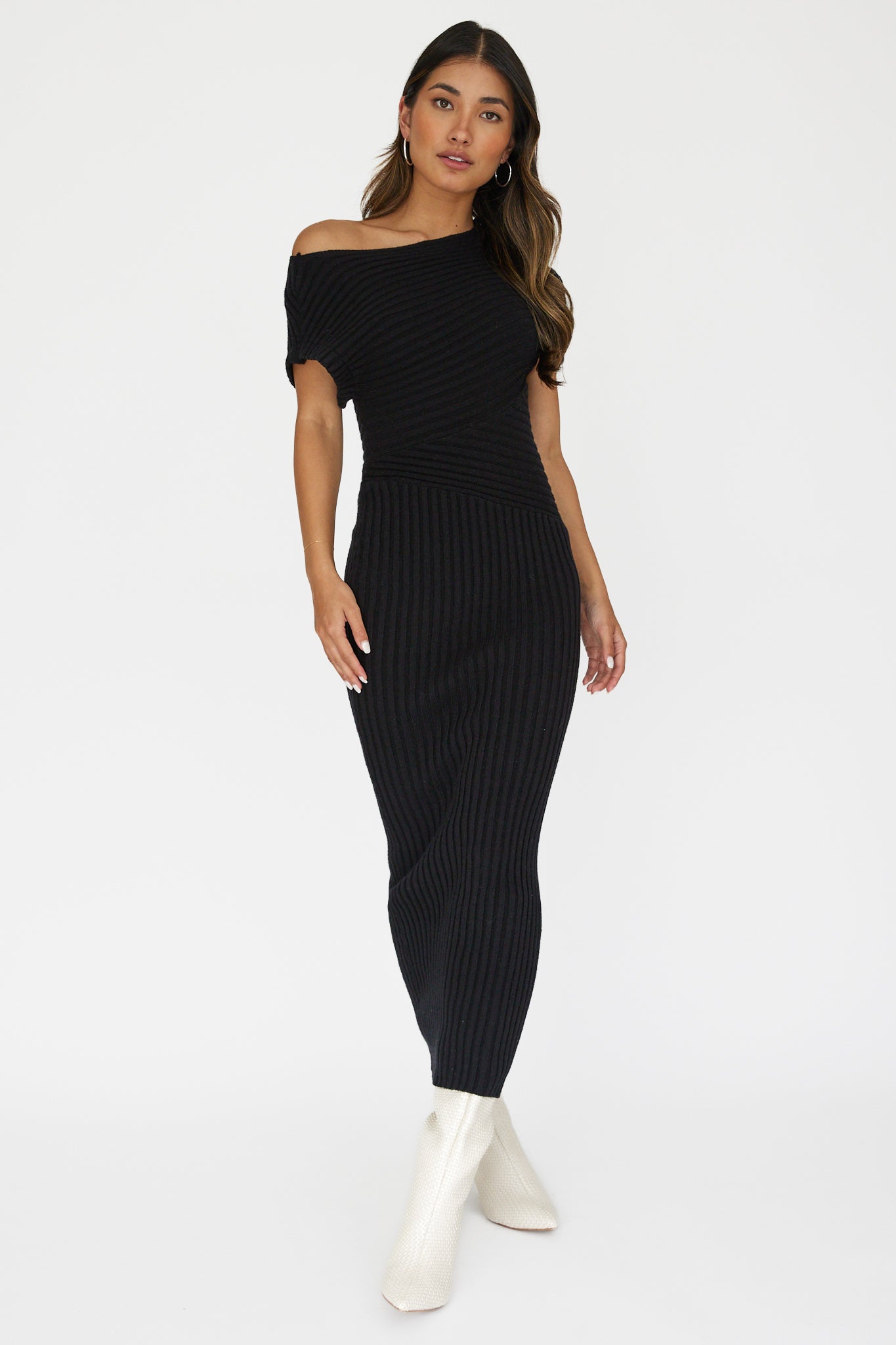 Kaelyn Asymmetric Neck Knit Maxi Dress Black by Selfie Leslie