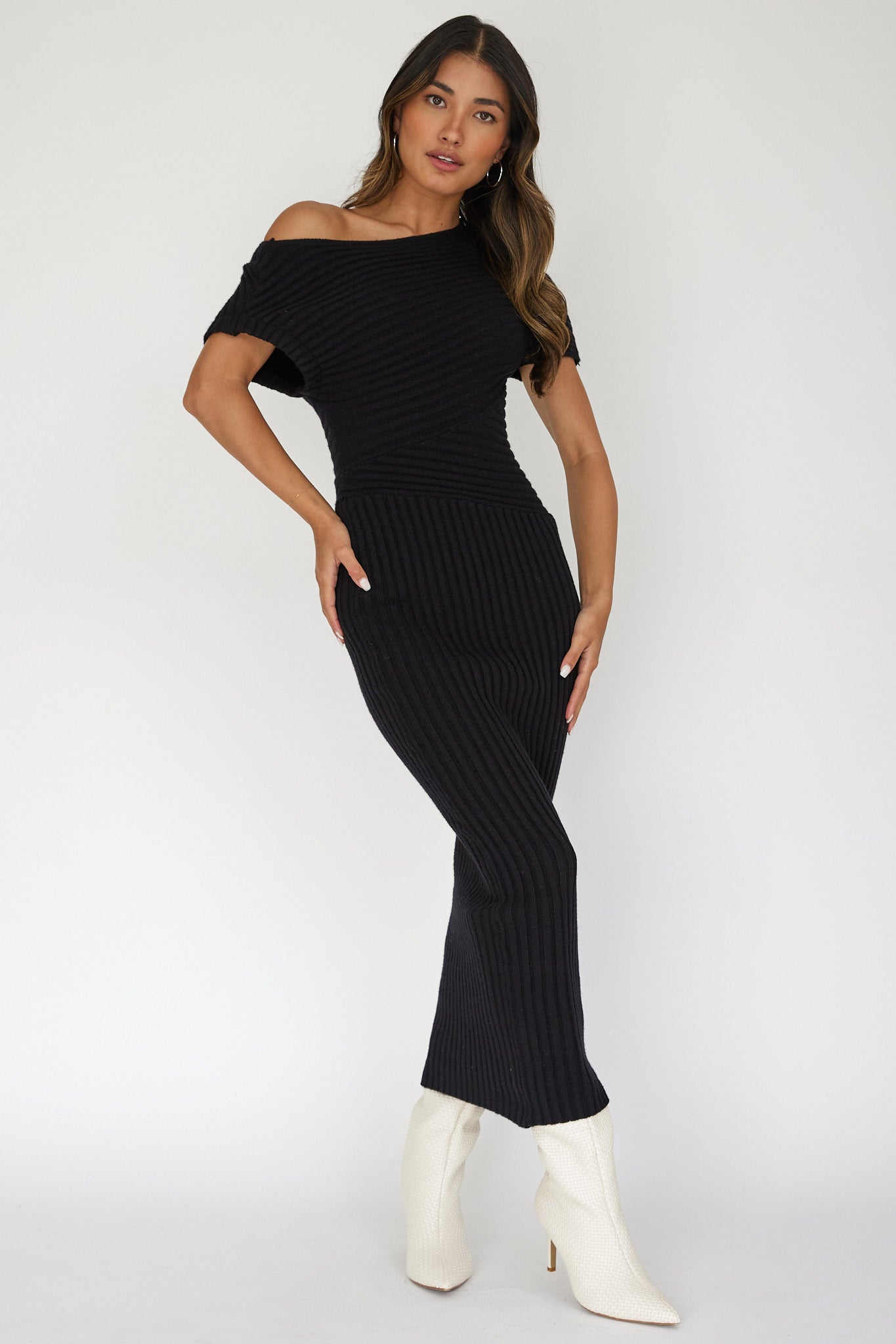 Kaelyn Asymmetric Neck Knit Maxi Dress Black by Selfie Leslie