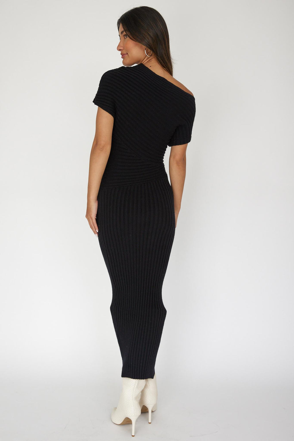 Kaelyn Asymmetric Neck Knit Maxi Dress Black by Selfie Leslie