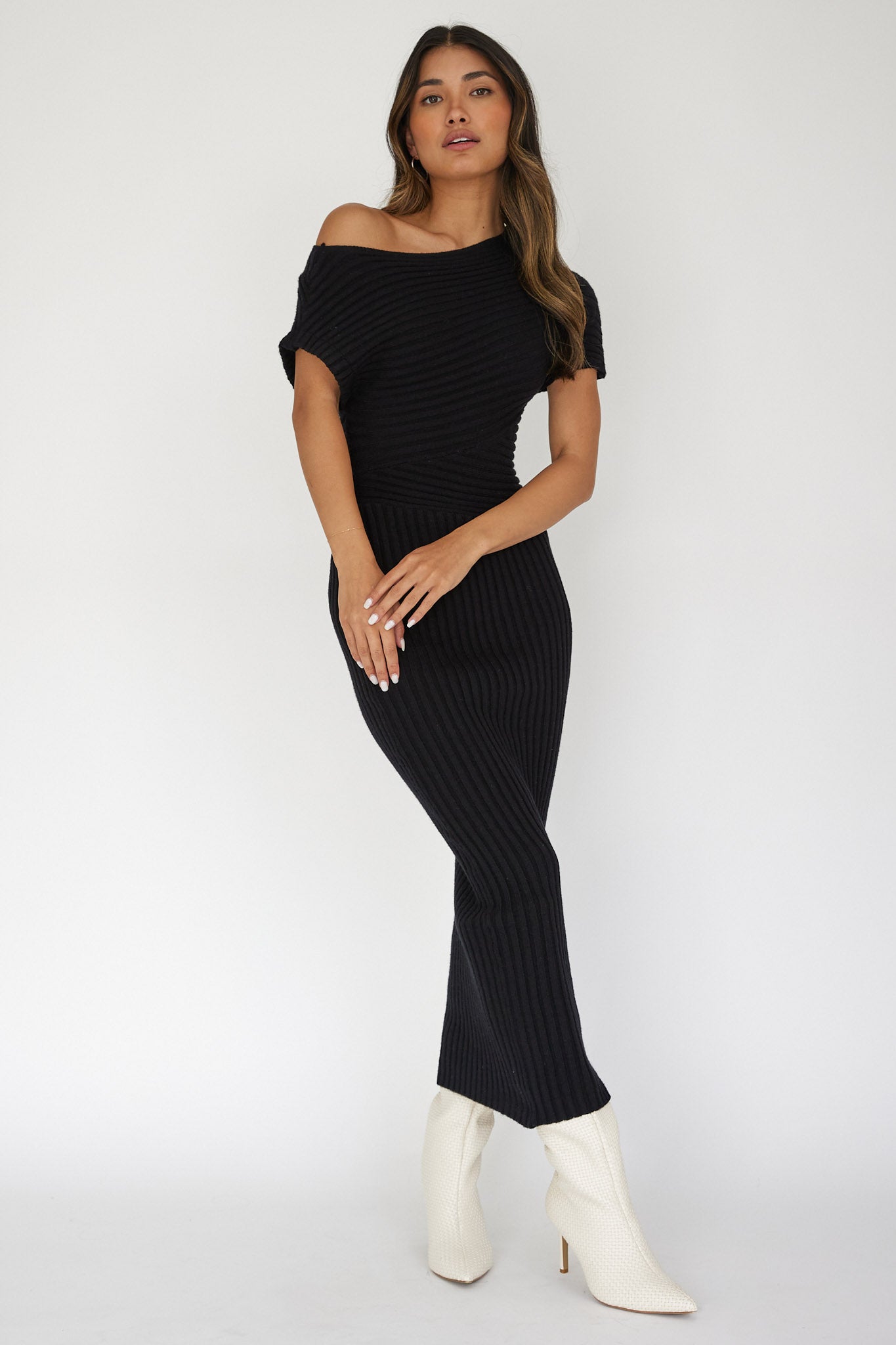 Kaelyn Asymmetric Neck Knit Maxi Dress Black by Selfie Leslie