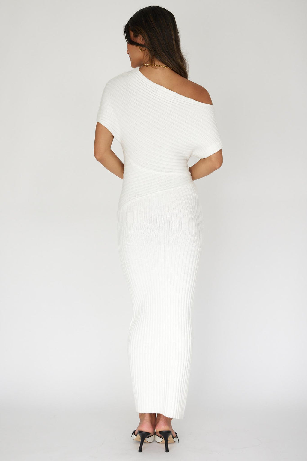 Kaelyn Asymmetric Neck Knit Maxi Dress White by Selfie Leslie
