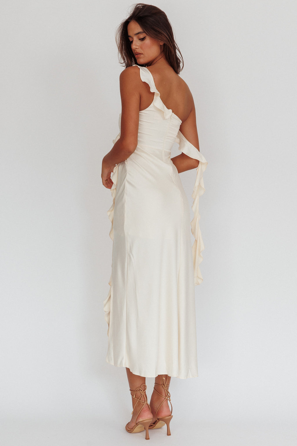 Like Yesterday Satin Ruffle Midi Dress Butter by Selfie Leslie