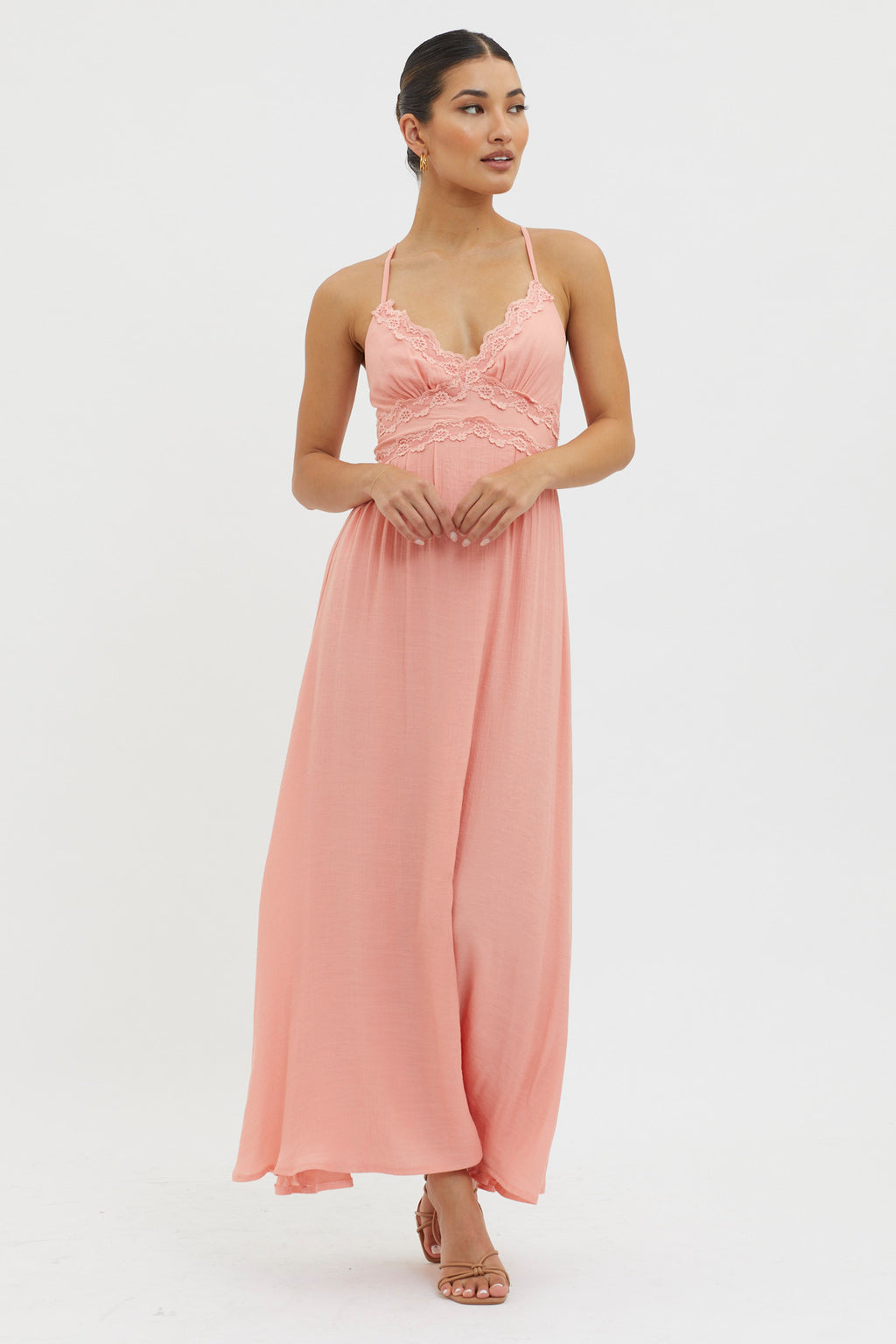 Slow It Down Lace Trim Maxi Dress Peach Slow It Down Lace Trim Maxi Dress Peach