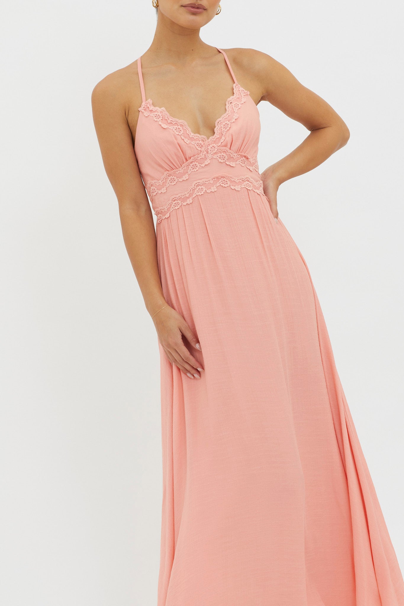 Slow It Down Lace Trim Maxi Dress Peach by Selfie Leslie
