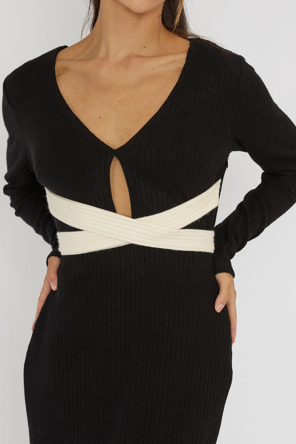 So Emotional Long Sleeve Cut-Out Knit Dress Black by Selfie Leslie
