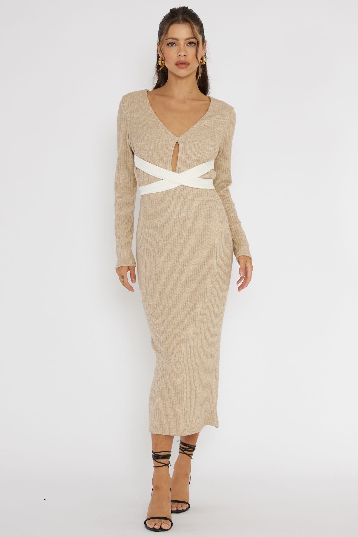 Shop the So Emotional Long Sleeve Cut-Out Knit Dress Oat