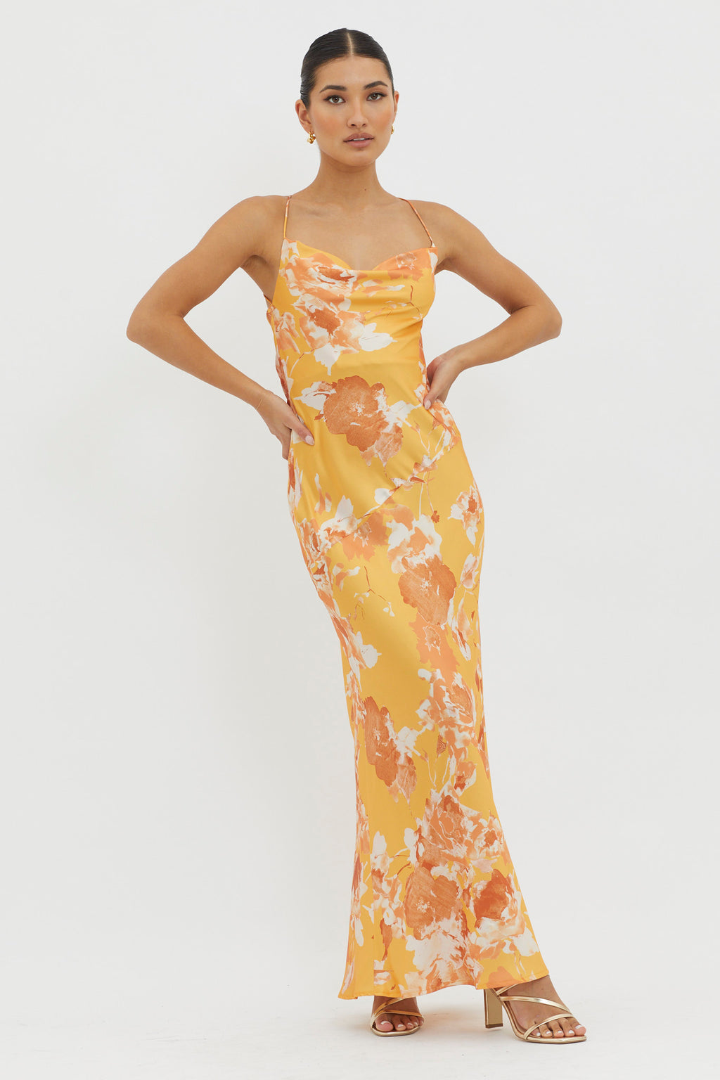 Dream Walk Cowl Back Tied Dress Print Orange by Selfie Leslie