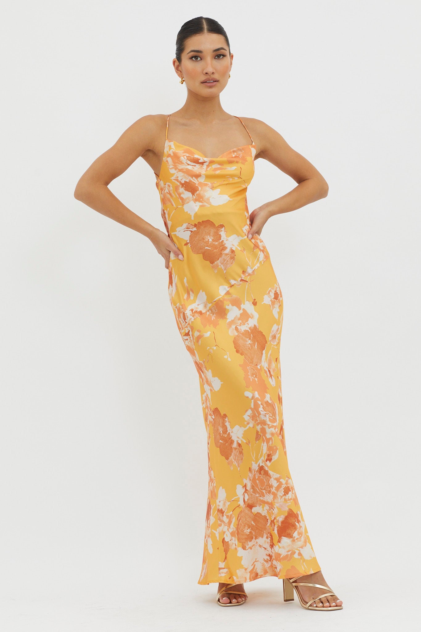 Dream Walk Cowl Back Tied Dress Print Orange by Selfie Leslie