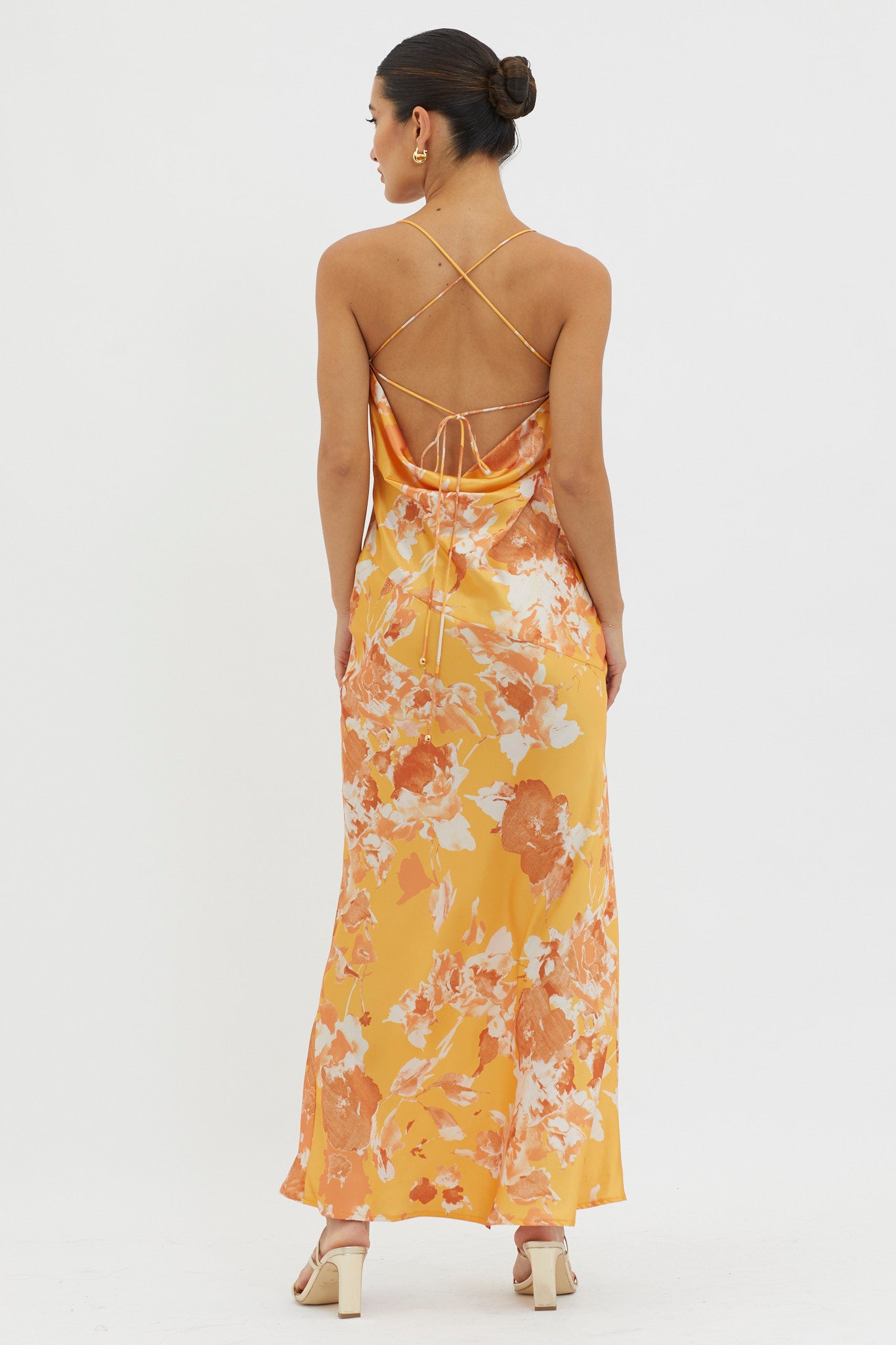 Dream Walk Cowl Back Tied Dress Print Orange by Selfie Leslie