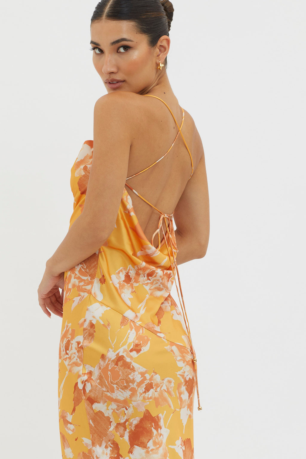 Dream Walk Cowl Back Tied Dress Print Orange by Selfie Leslie