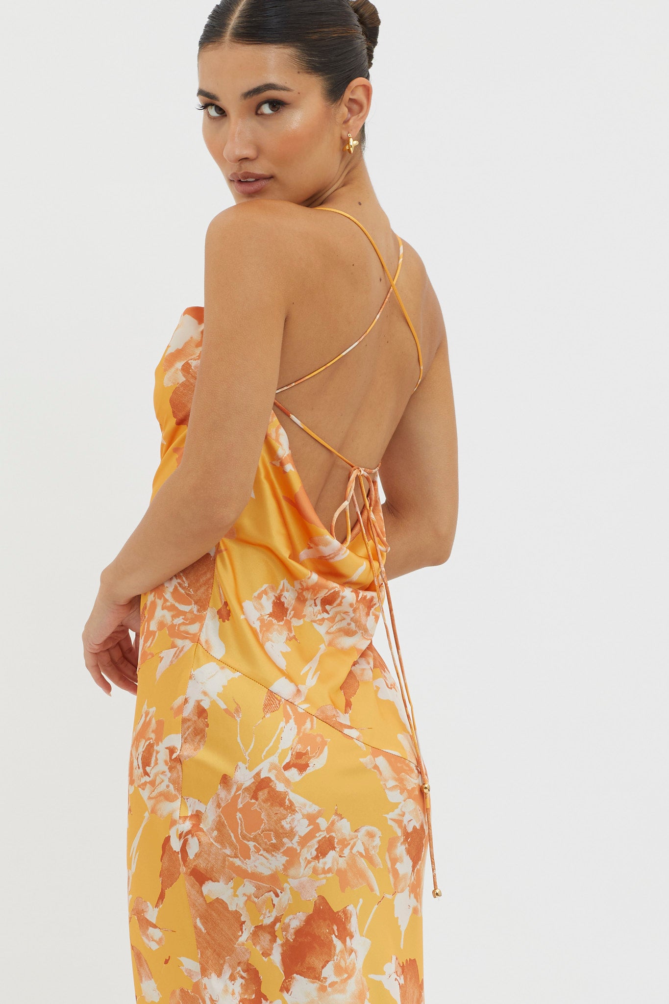 Dream Walk Cowl Back Tied Dress Print Orange by Selfie Leslie