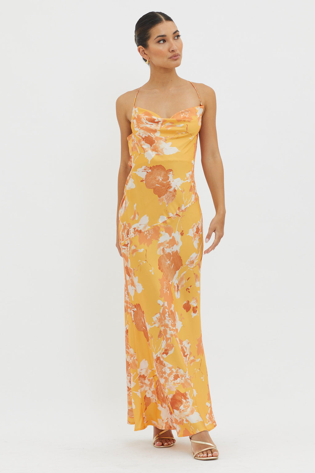 Dream Walk Cowl Back Tied Dress Print Orange by Selfie Leslie