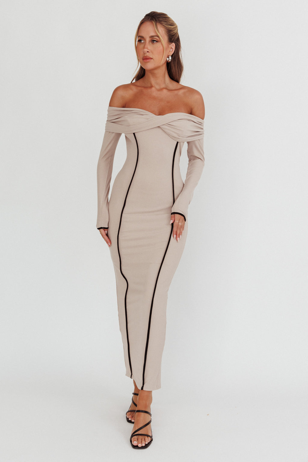 Genesis Off-Shoulder Long Sleeve Maxi Dress Pebble by Selfie Leslie