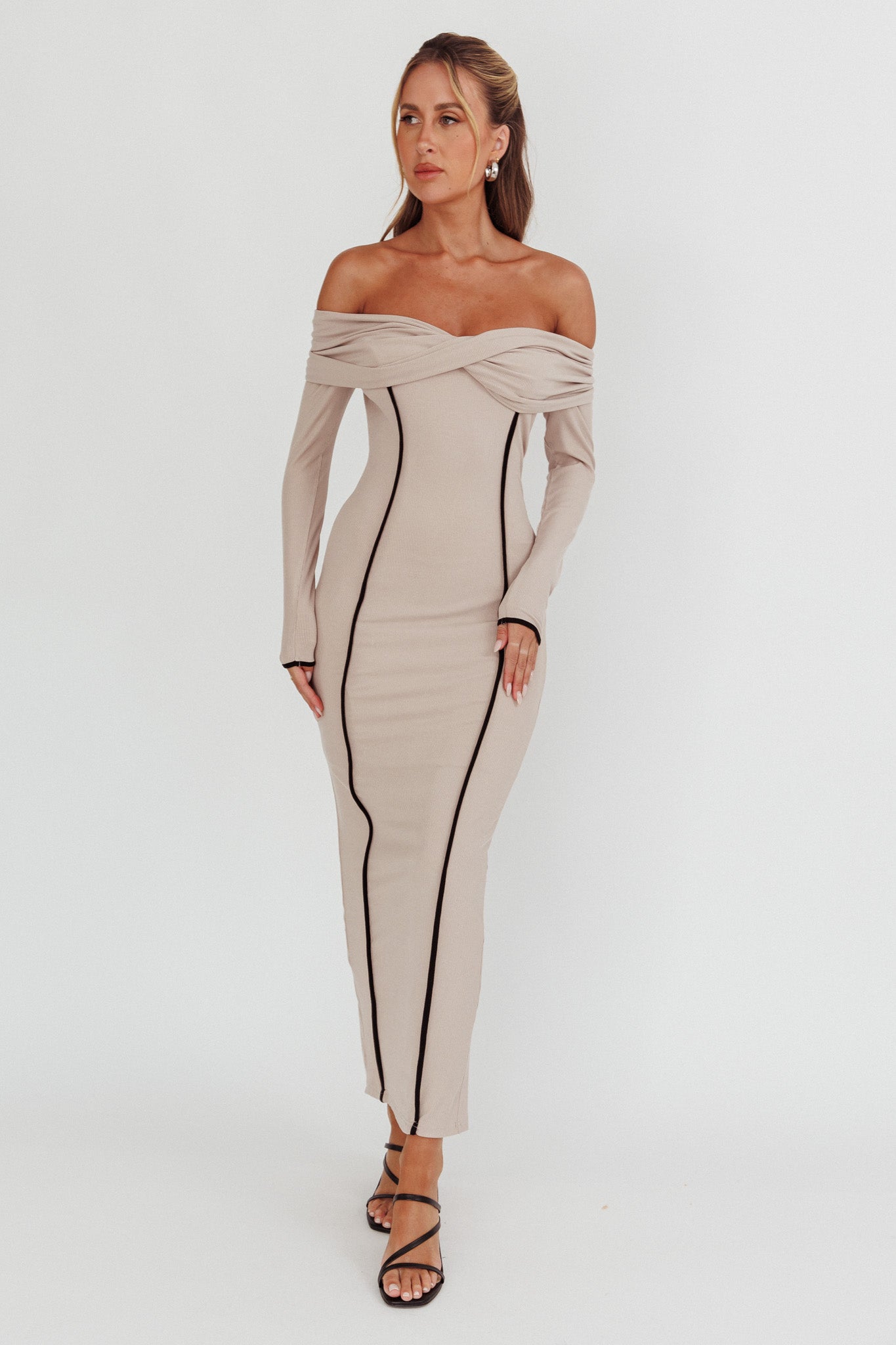 Genesis Off-Shoulder Long Sleeve Maxi Dress Pebble by Selfie Leslie