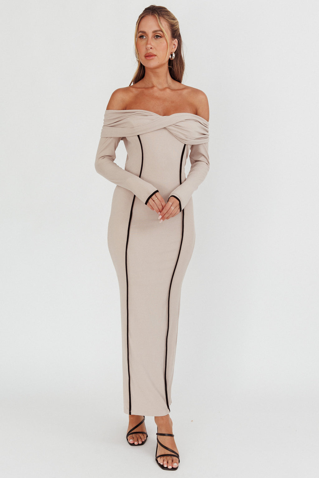 Genesis Off-Shoulder Long Sleeve Maxi Dress Pebble by Selfie Leslie