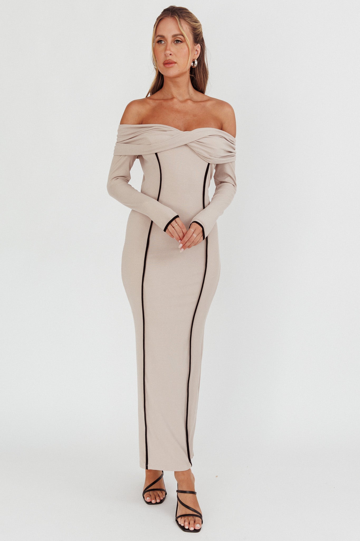 Genesis Off-Shoulder Long Sleeve Maxi Dress Pebble by Selfie Leslie