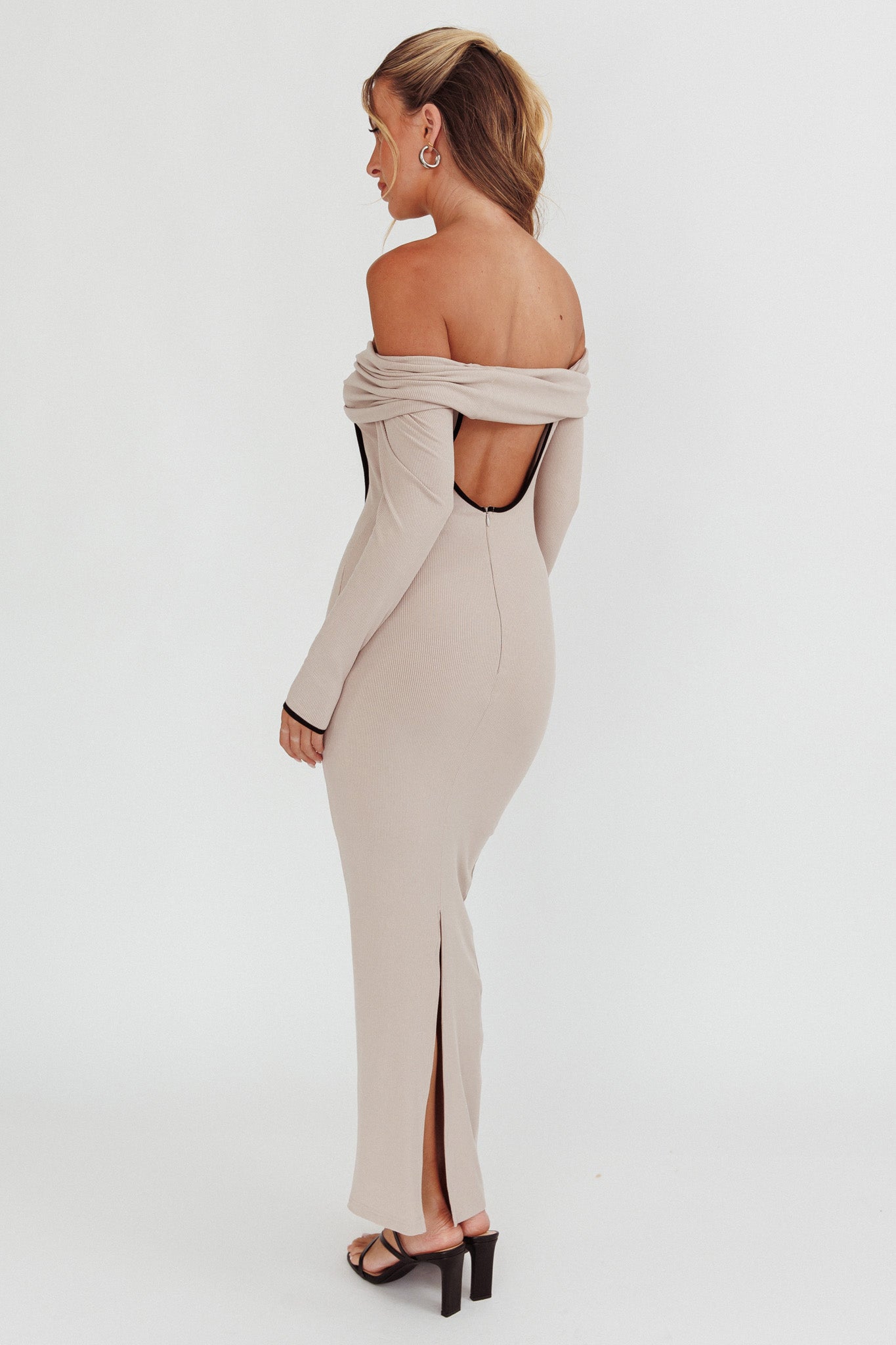 Genesis Off-Shoulder Long Sleeve Maxi Dress Pebble by Selfie Leslie