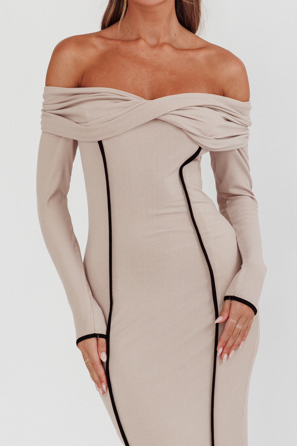Genesis Off-Shoulder Long Sleeve Maxi Dress Pebble by Selfie Leslie