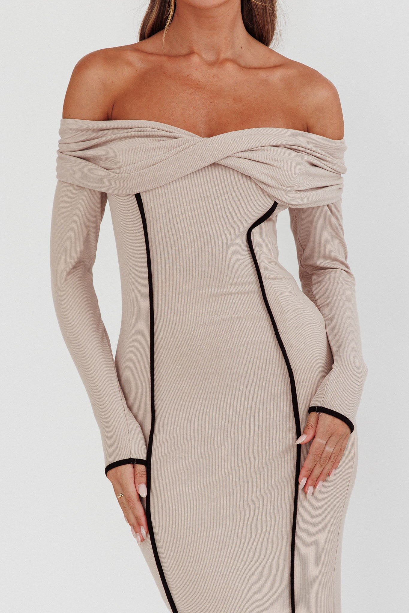 Genesis Off-Shoulder Long Sleeve Maxi Dress Pebble by Selfie Leslie