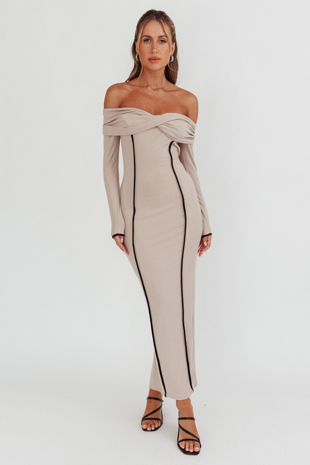 Genesis Off-Shoulder Long Sleeve Maxi Dress Pebble by Selfie Leslie
