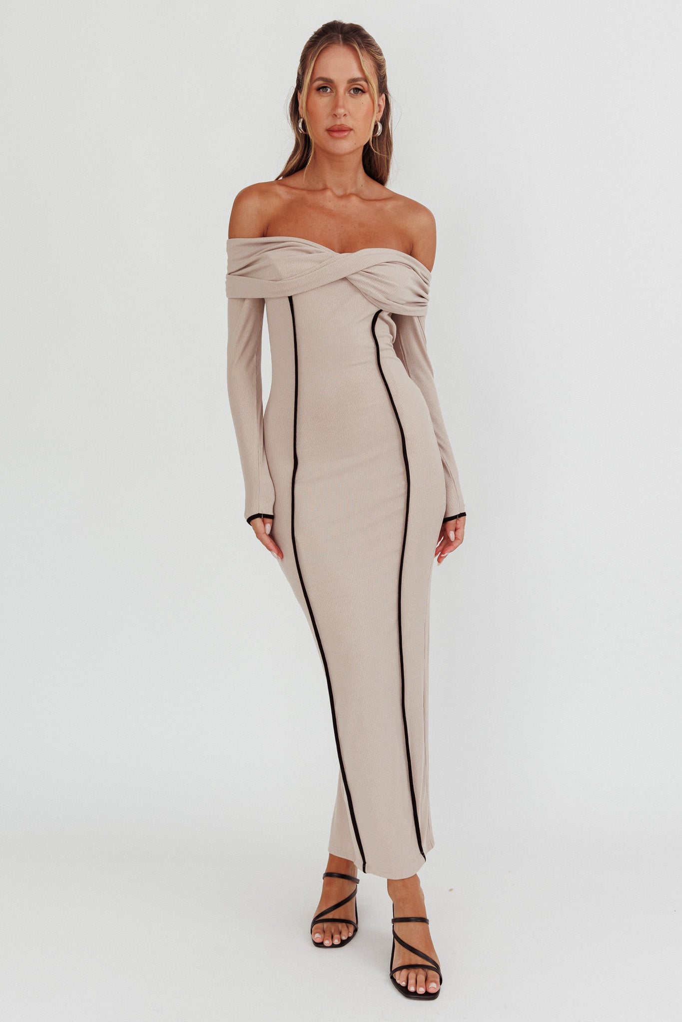 Genesis Off-Shoulder Long Sleeve Maxi Dress Pebble by Selfie Leslie