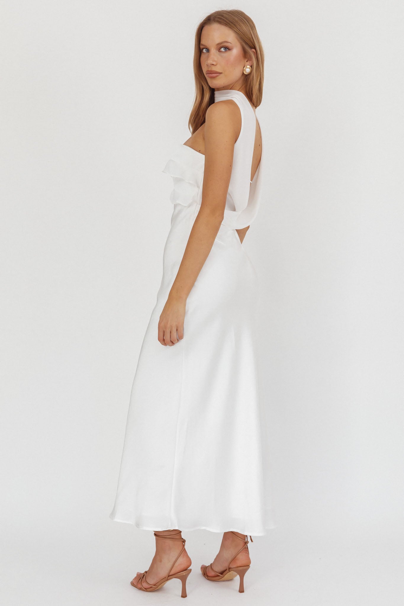 Damsel Reverse Halter Frill Trim Maxi Dress White by Selfie Leslie